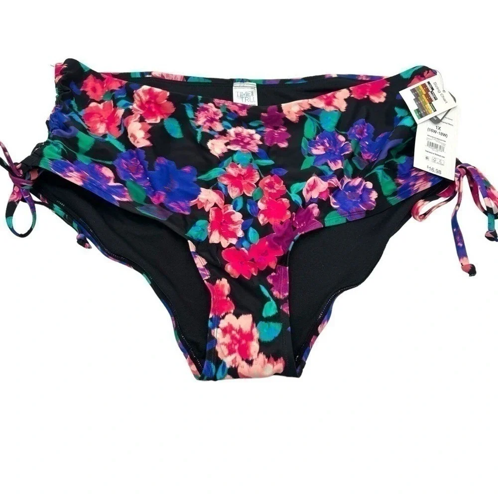 Time and Tru Womens Plus 1X‎ Floral High Waist Bikini Bottom Black Pink Purple